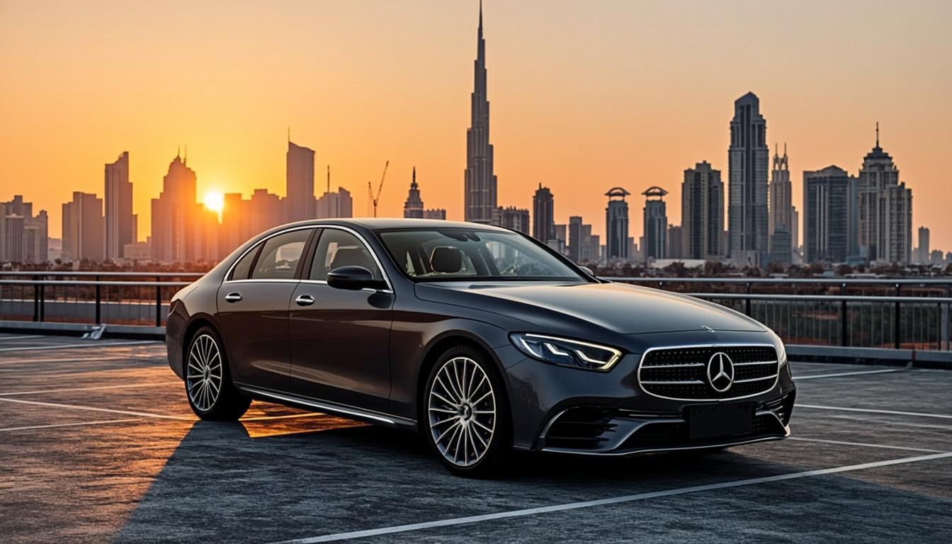 Luxury car on Dubai rooftop at golden hour